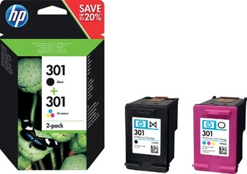 Een HP inktcartridge 301, 165-190 pagina's, OEM N9J72AE, 1x zwart en 1 x 3 kleuren koop je bij best4office