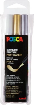 Een Posca paintmarker PCF-350, brush tip, étui van 3 stuks, assorti (goud, zilver en wit) koop je bij Muys Kantoor & Kado