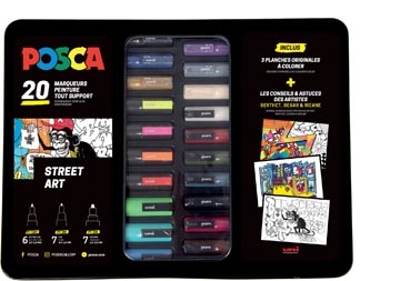 Een Posca paintmarkers, metalen doos van 20 stuks, in geassorteerde kleuren, ontwerp Street art koop je bij best4office