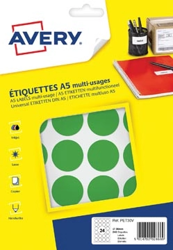 Een Avery PET30V ronde markeringsetiketten, diameter 30 mm, blister van 240 stuks, groen koop je bij best4office