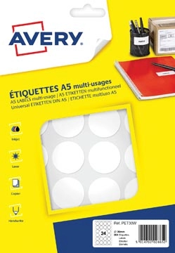 Een Avery PET30W ronde markeringsetiketten, diameter 30 mm, blister van 384 stuks, wit koop je bij best4office