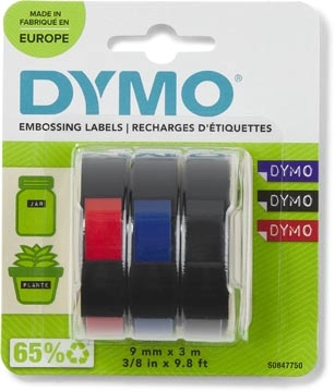 Een Dymo D3 tape 9 mm, geassorteerde kleuren, blister van 3 stuks koop je bij best4office