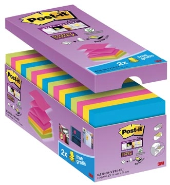 Een Post-it Super Sticky Z-notes, 90 vel, ft 76 x 76 mm, doos van 14 + 2 gratis, geassorteerde kleuren koop je bij Muys Kantoor & Kado