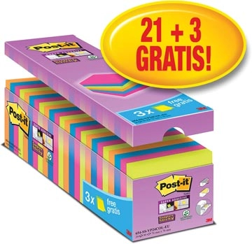 Een Post-it super Sticky notes, 90 vel, ft 76 x 76 mm, geassorteerde kleuren, pak van 21 blokken + 3 gratis koop je bij best4office